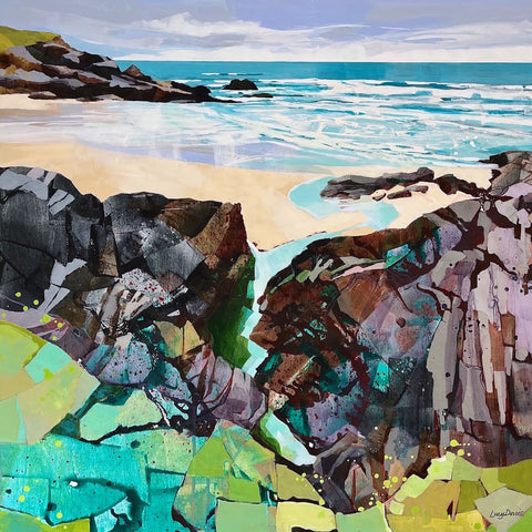 Painting of Treyarnon Beach, looking towards Trethias Island by artist Lucy Davies