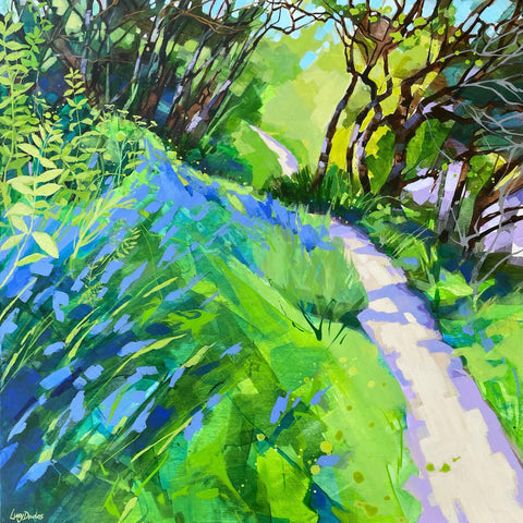 Painting of a footpath leading through woodland bluebells by artist Lucy Davies