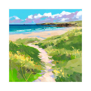 Limited edition print of the cliff path down to Harlyn Bay Beach by artist Lucy Davies