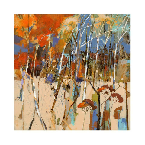 Limited edition print of semi abstract silver birches by artist Lucy Davies