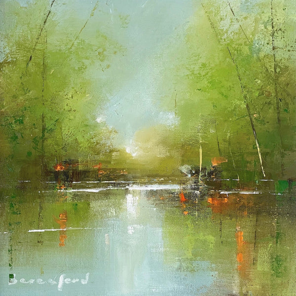 Painting of light shining through the trees on a river bank by artist Mark Beresford