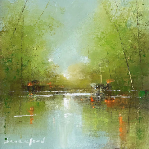 Painting of light shining through the trees on a river bank by artist Mark Beresford