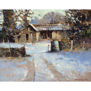 Painting of a barn in winter by artist Michael Hill