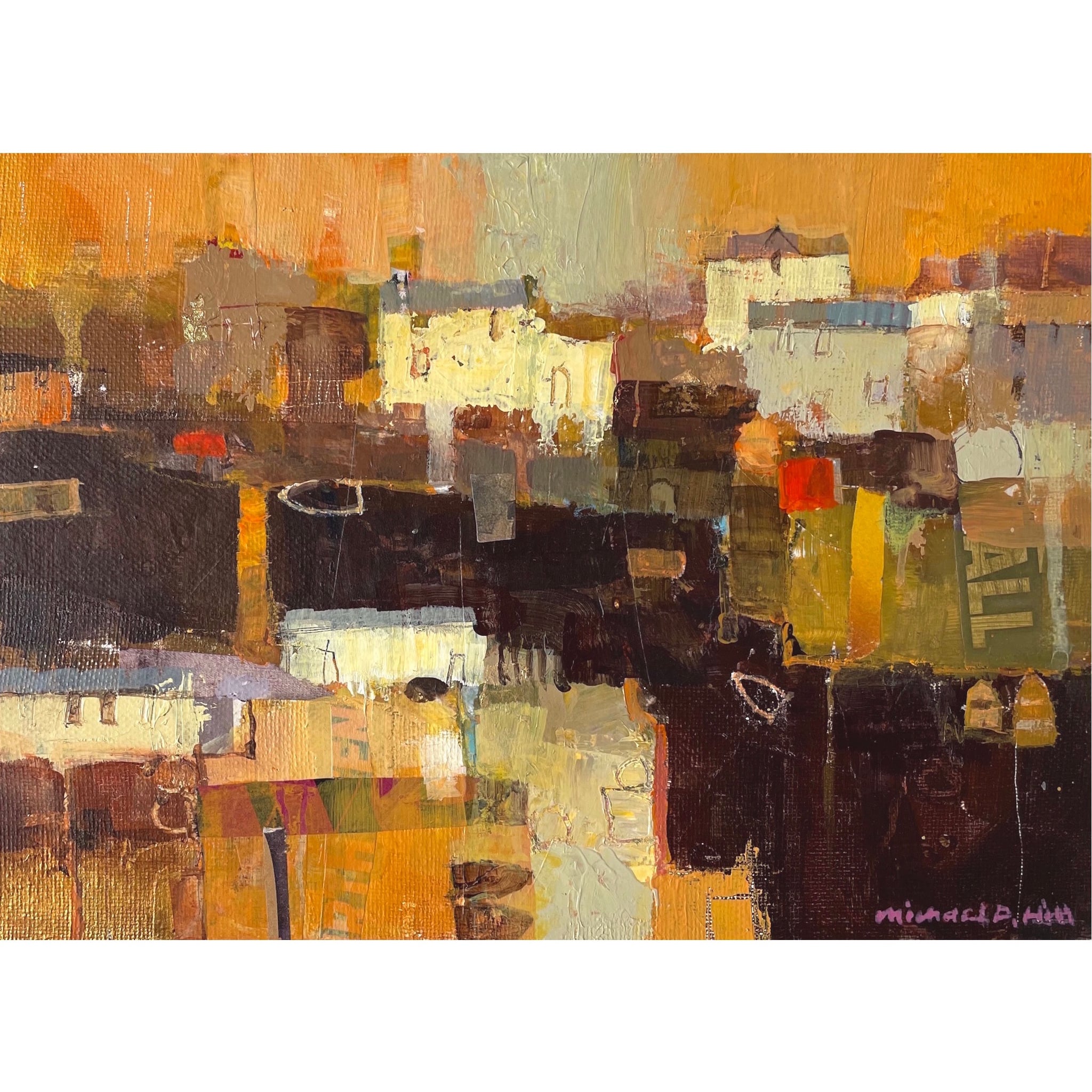 Semi abstract painting of buildings and boats by artist Michael Hill