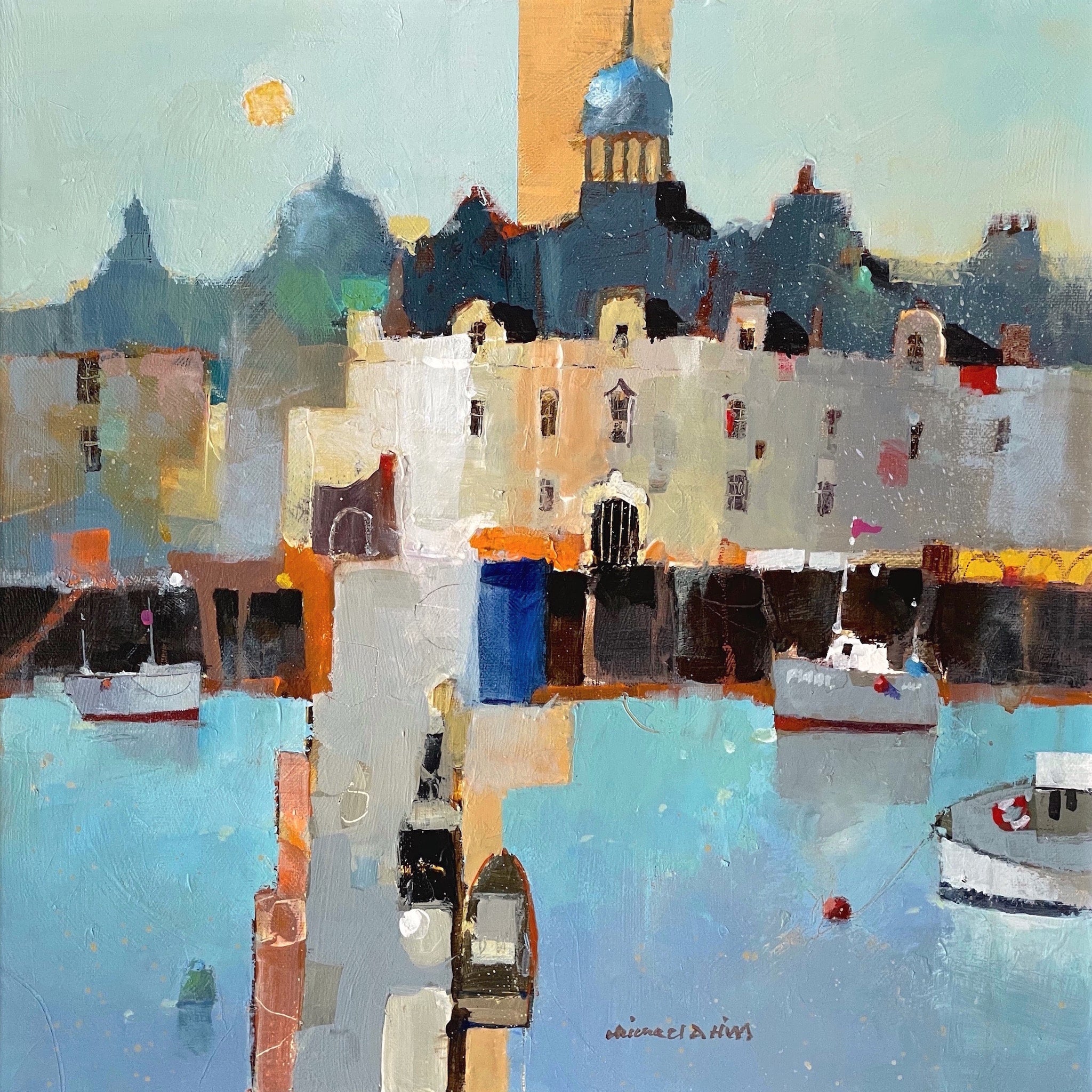 Semi abstract painting of buildings and boats in a harbour by artist Michael Hill