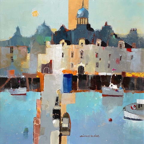 Semi abstract painting of buildings and boats in a harbour by artist Michael Hill