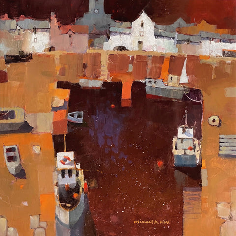 Semi abstract painting of buildings and boats in a harbour by artist Michael Hill