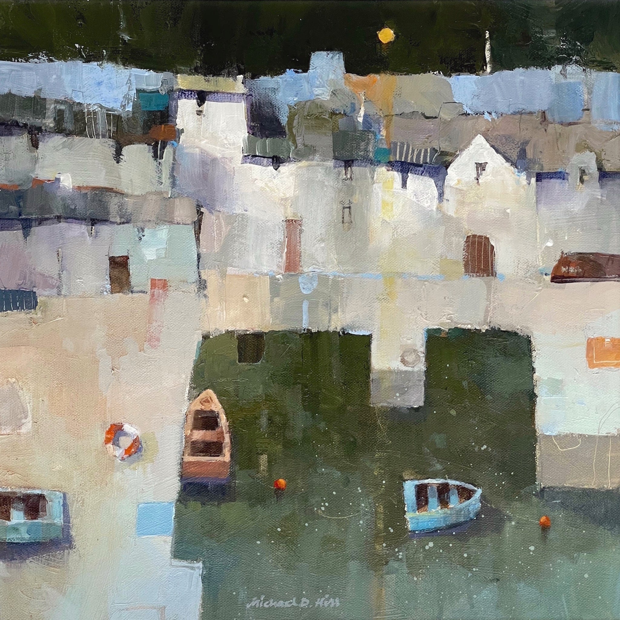 Semi abstract painting of buildings and boats in a harbour by artist Michael Hill