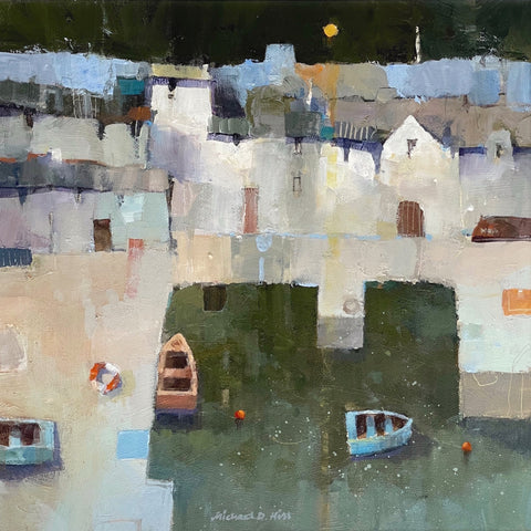 Semi abstract painting of buildings and boats in a harbour by artist Michael Hill