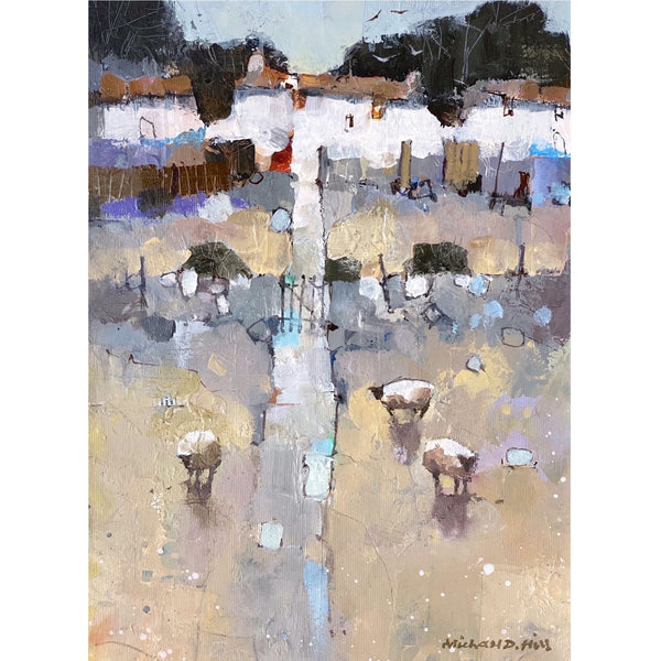 Painting of a hilltop farm and sheep by artist Michael Hill