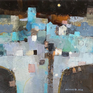 Semi abstract painting of buildings and boats on a moonlit coast by artist Michael Hill