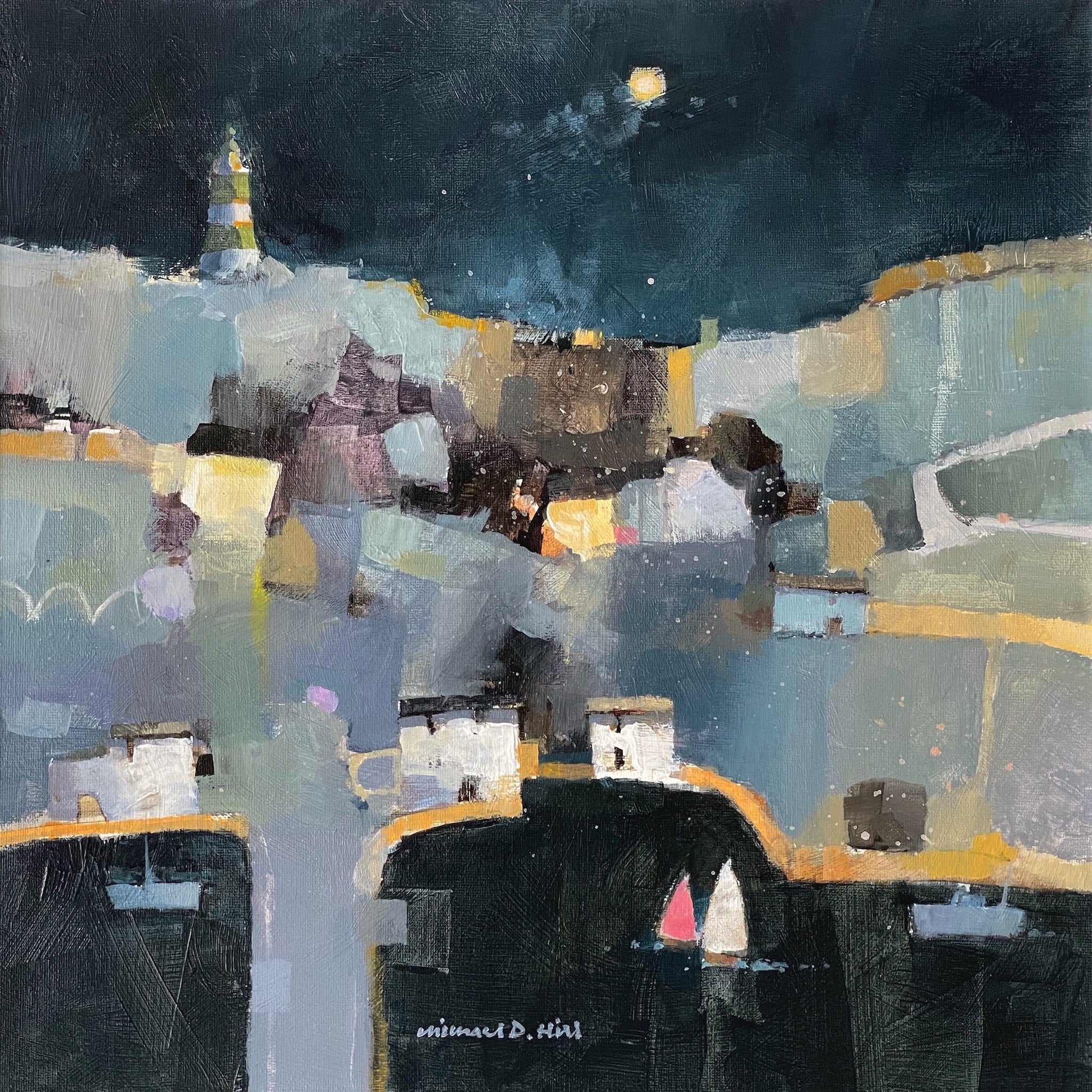 Semi abstract painting of a lighthouse, buildings and boats by artist Michael Hill