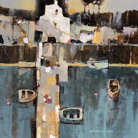 Semi abstract painting of buildings and boats in a harbour by artist Michael Hill