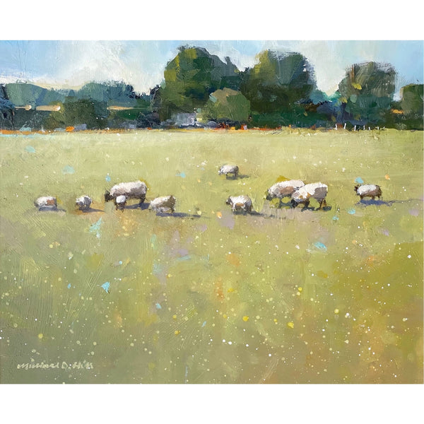 Painting of a spring meadow with grazing sheep by artist Michael Hill