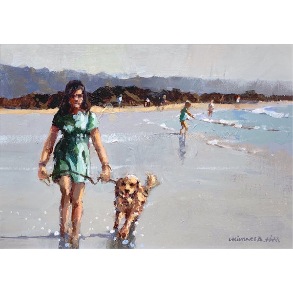 Painting of a girl walking her dog along the beach by artist Michael Hill