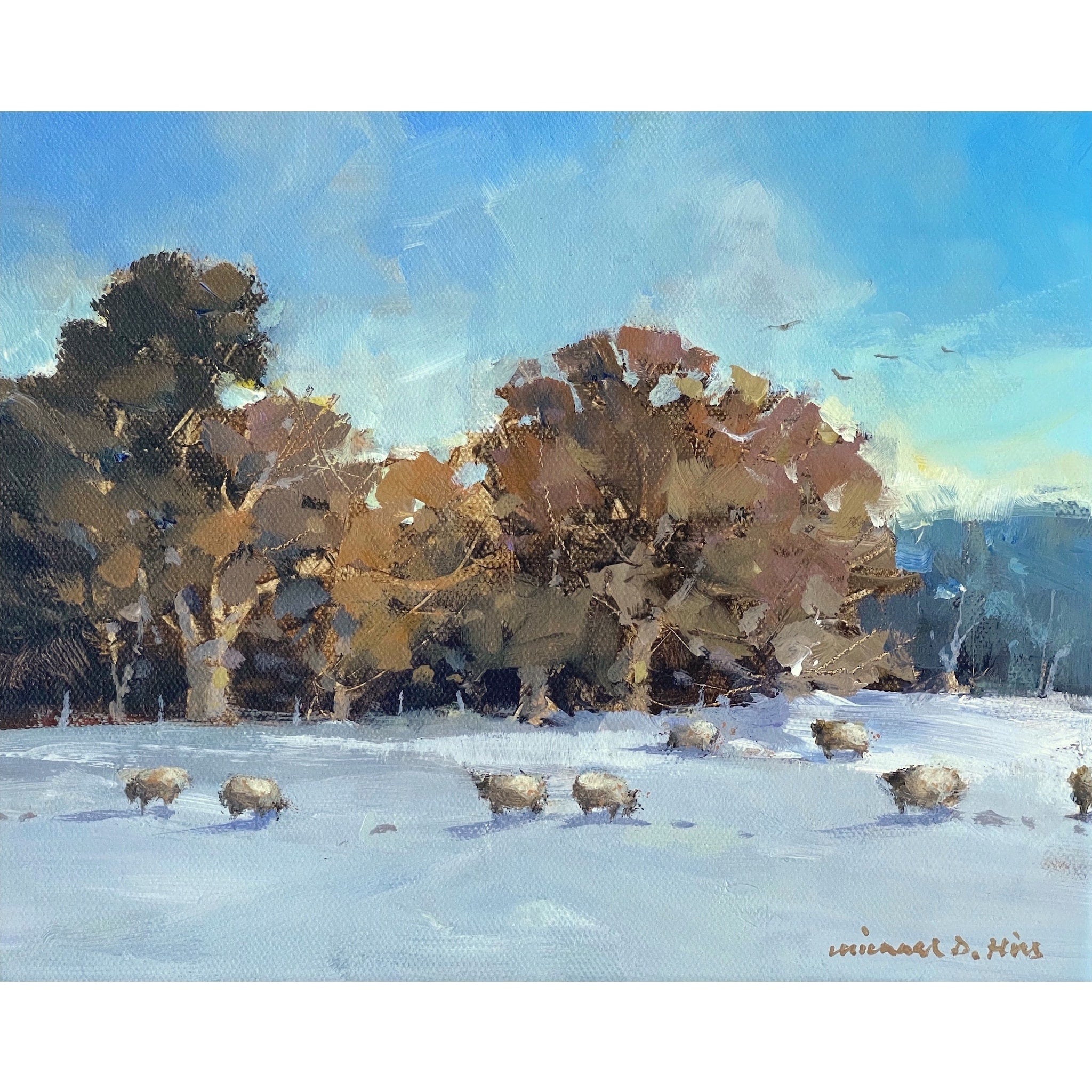 Painting of sheep grazing in a meadow covered in snow by artist Michael Hill