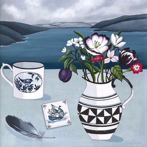 Still life painting with jug, delft tile and flowers by artist Paula Sharples