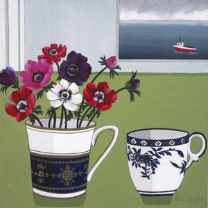 Still life painting of vase and anemones with a sea view by artist Paula Sharples