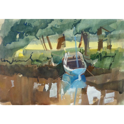 Painting of a boat at rest next to a river bank by artist Sam Dodwell