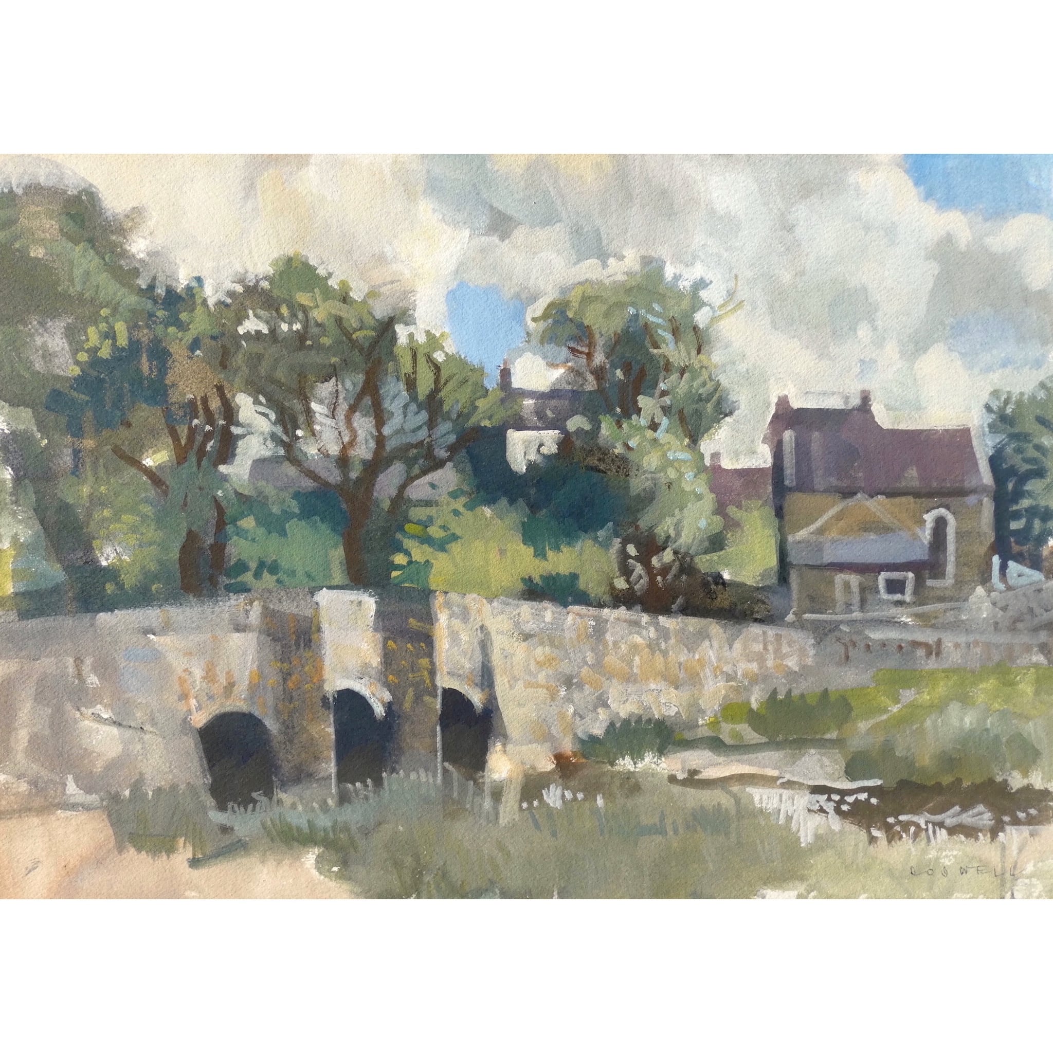 Painting of cottages, trees and a stone bridge by artist Sam Dodwell