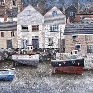 Mixed media collage painting of Mousehole in the evening light by artist Simon Hart