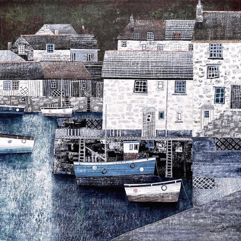 Mixed media collage painting of Polperro harbour at midnight by artist Simon Hart