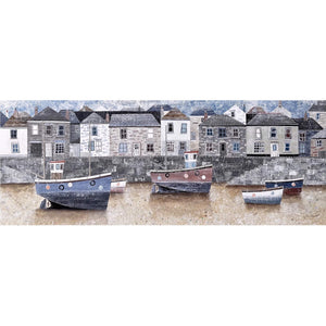 Mixed media collage painting of the boats and buildings in Mousehole by artist Simon Hart