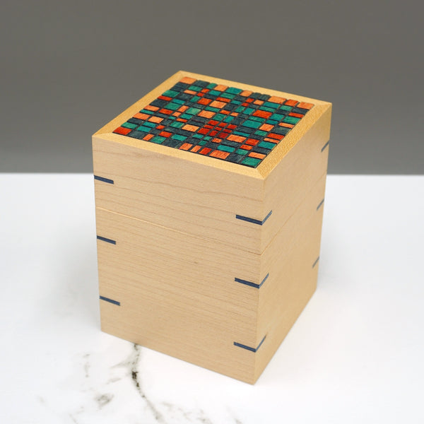 A sycamore box with dyed veneer made by Steve Parkinson
