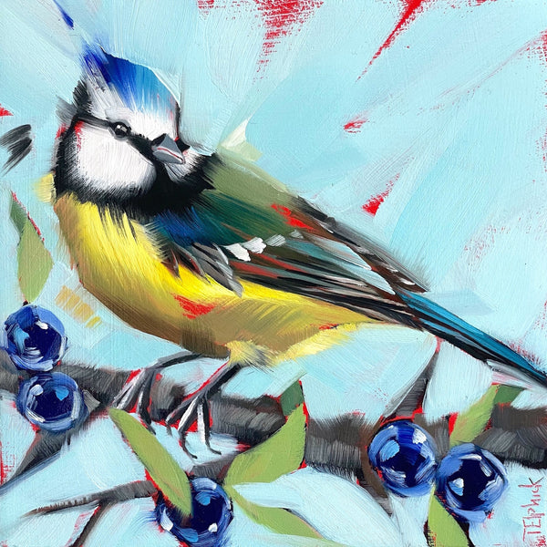 Painting of a blue tit and sloes by artist Tracey Elphick