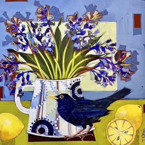 Limited edition print of a blackbird, lemons and bluebells by artist Tracey Elphick