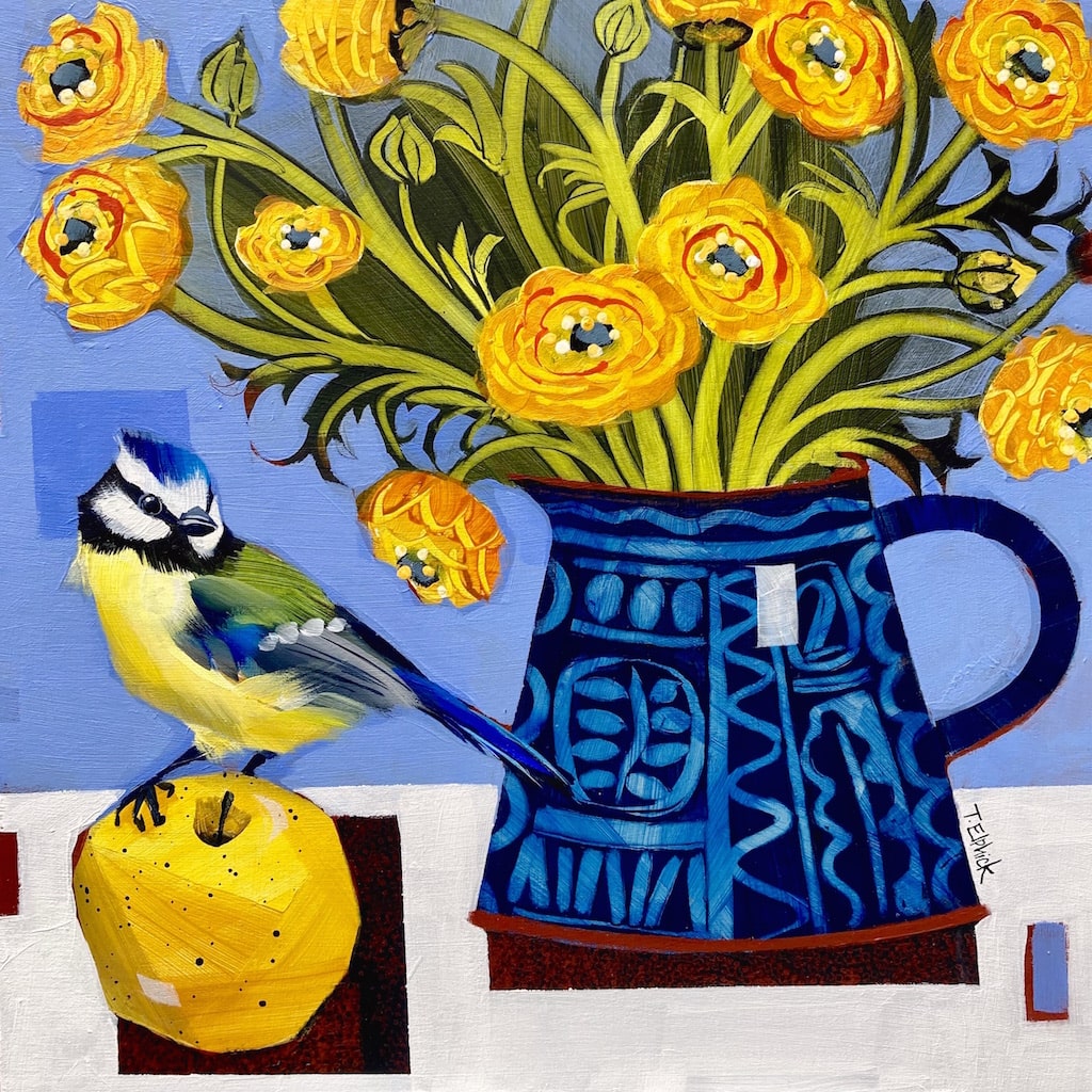 Limited edition print of a blue tit, apple and ranunculus by artist Tracey Elphick