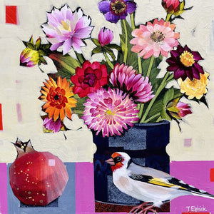 Limited edition print of a goldfinch, pomegranate and flowers by artist Tracey Elphick