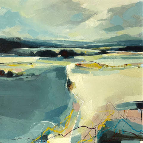 Semi abstract painting of a landscape and summer sky by artist Tamara Williams