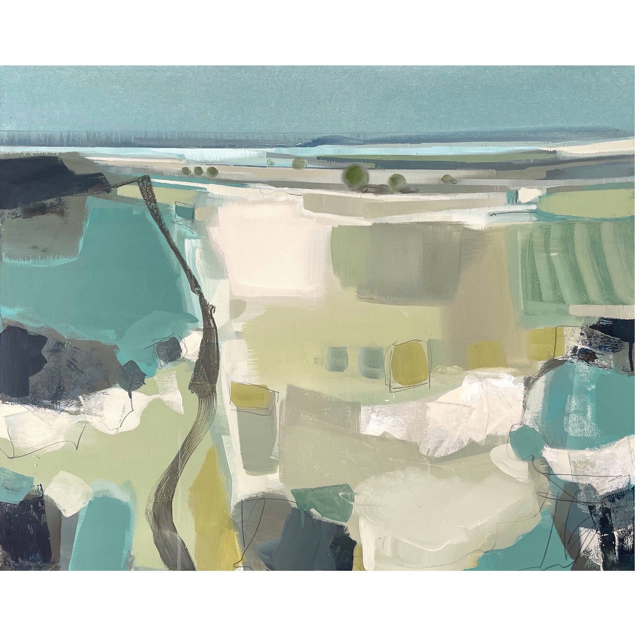 Semi abstract painting of a landscape and summer sky by artist Tamara Williams