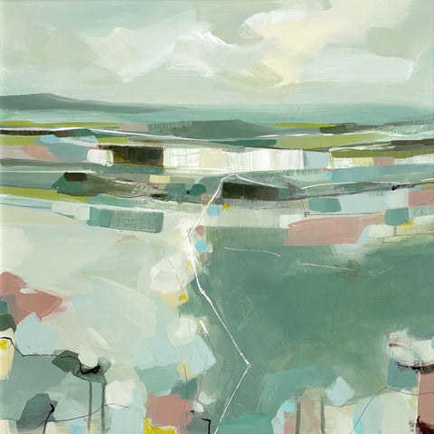 Semi abstract painting of sun shining on the landscape by artist Tamara Williams