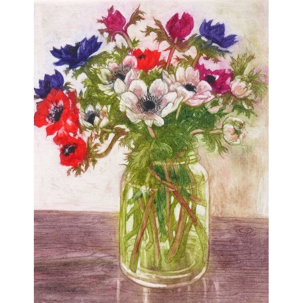 Limited edition etching of anemones in a jar by artist Valerie Christmas