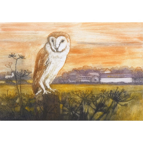 Limited edition etching of a barn owl and distant farm by artist Valerie Christmas