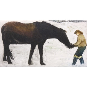 Limited edition etching of a young woman feeding a horse in the snow by artist Valerie Christmas