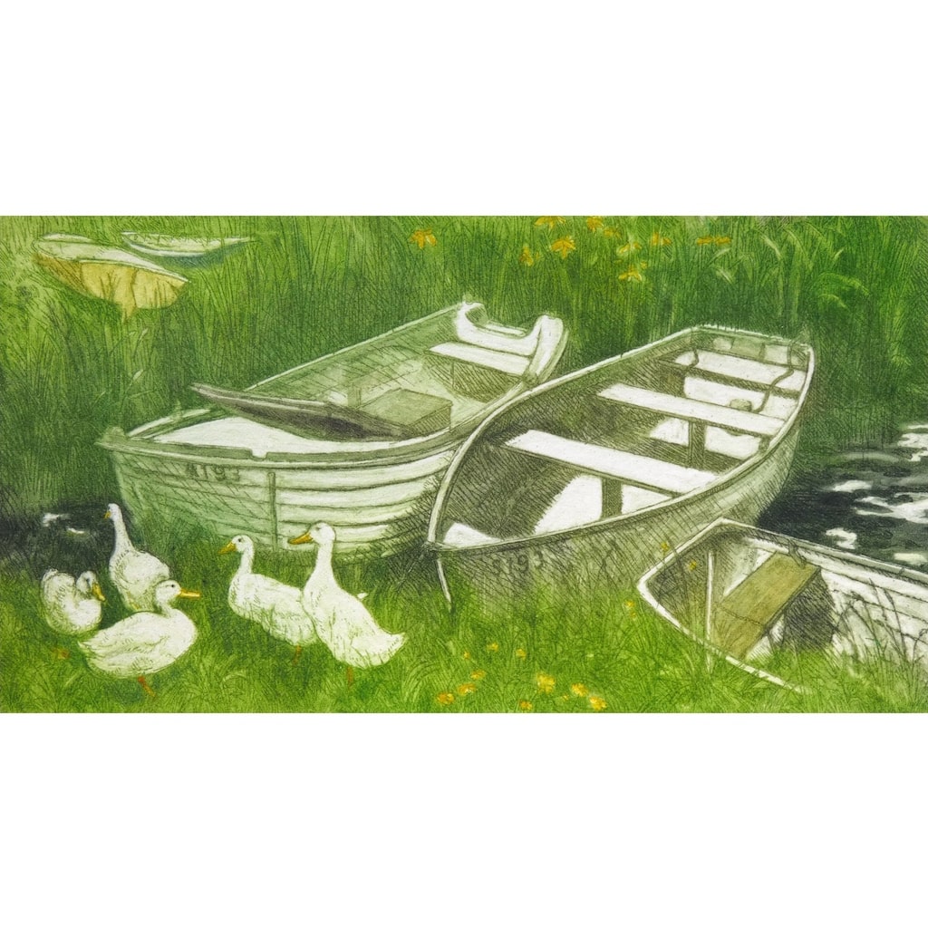 Limited edition etching of ducks and row boats at the lake's edge by artist Valerie Christmas