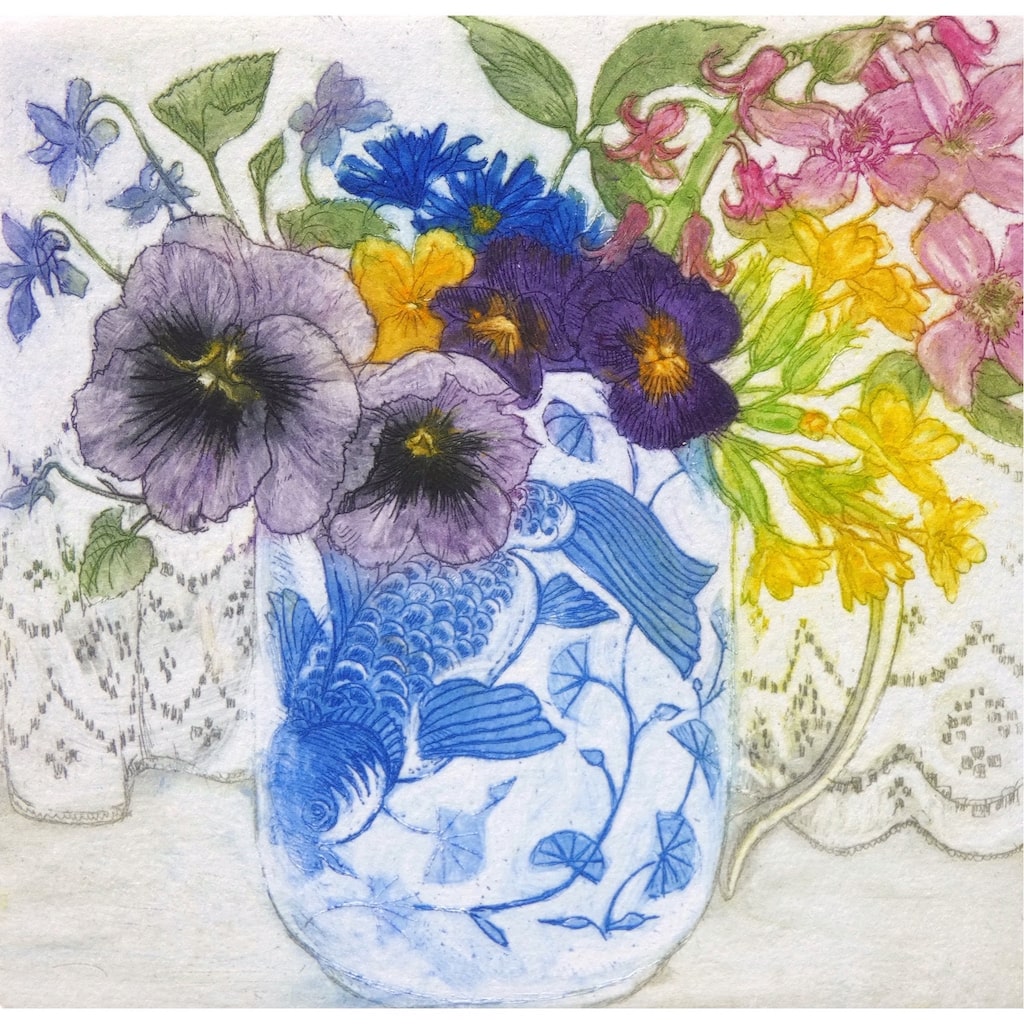 Limited edition etching of flowers by artist Valerie Christmas