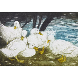 Limited edition etching of ducks by the lake by artist Valerie Christmas