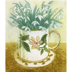 Limited edition etching of snowdrops in a mug by artist Valerie Christmas