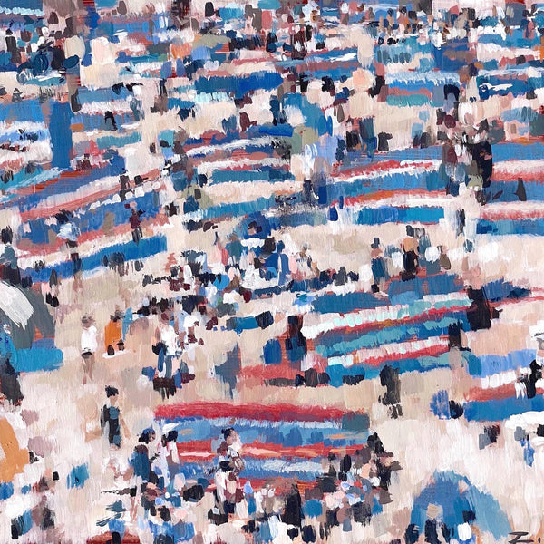 Semi abstract painting of a crowded beach by artist Zoe James