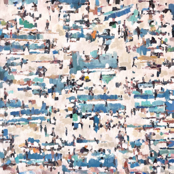 Semi abstract painting of a crowded beach by artist Zoe James