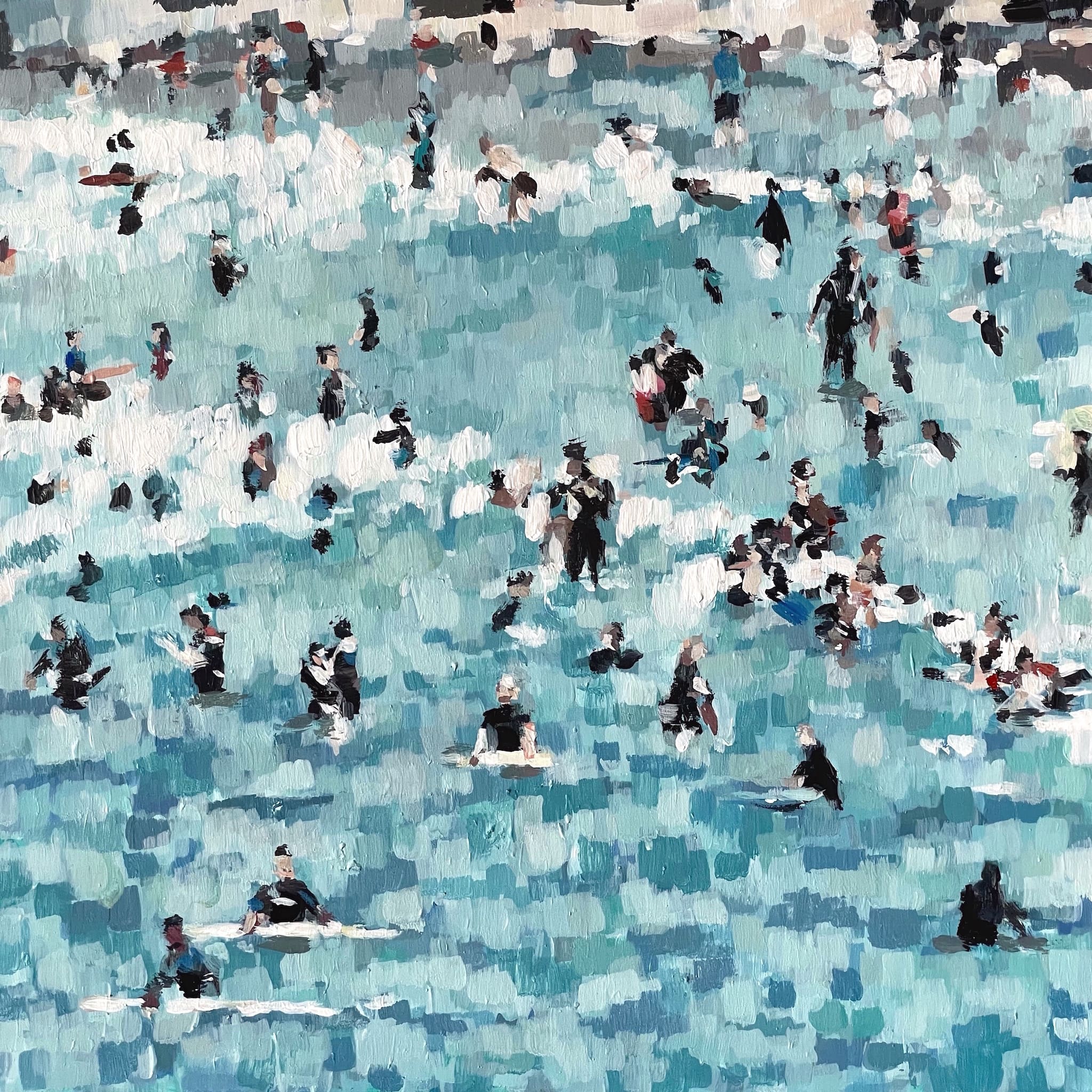 Semi abstract painting of a crowded beach by artist Zoe James