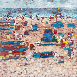 Semi abstract painting of a crowded beach by artist Zoe James