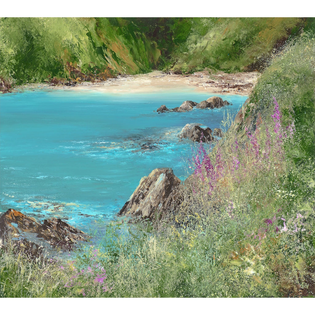 Limited edition print of foxgloves and grasses in a quiet cove by artist Amanda Hoskin