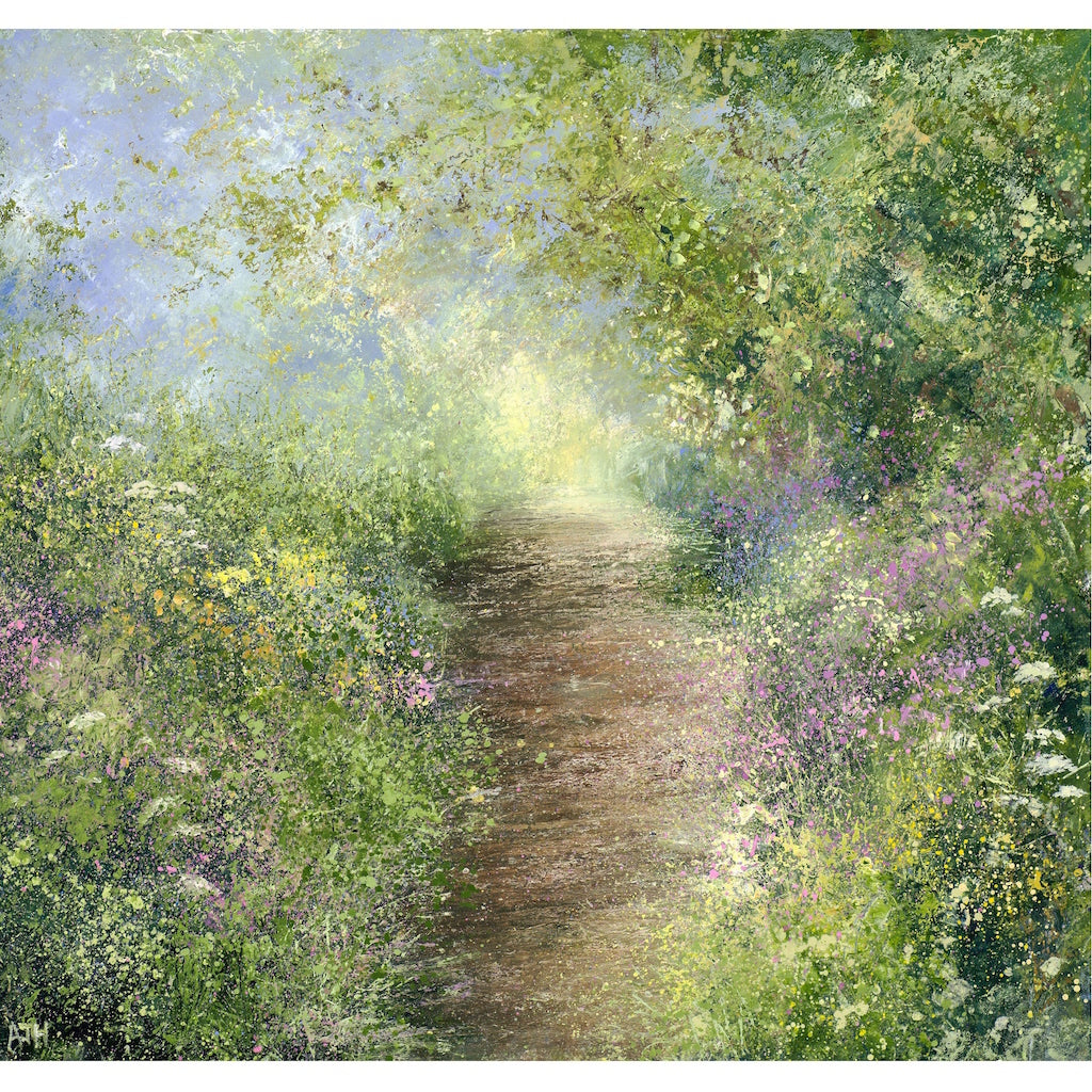 Limited edition print of a sunlit path through the woods near Fowey, Cornwall by artist Amanda Hoskin