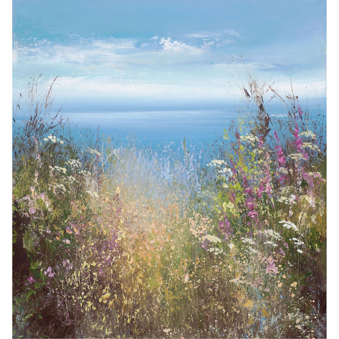 Limited edition print of flowers and the sea in the distance by artist Amanda Hoskin