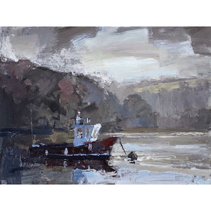 Painting of a small fishing boat on the River Fowey, Cornwall by artist Andrew Jago.
